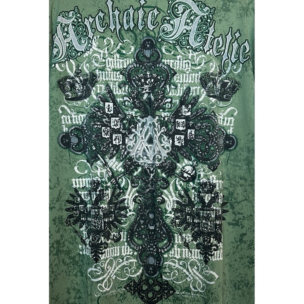 Vintage Archaic Affliction Men's T-Shirt Evesham Wings Cross Y2K Grunge Green 2X